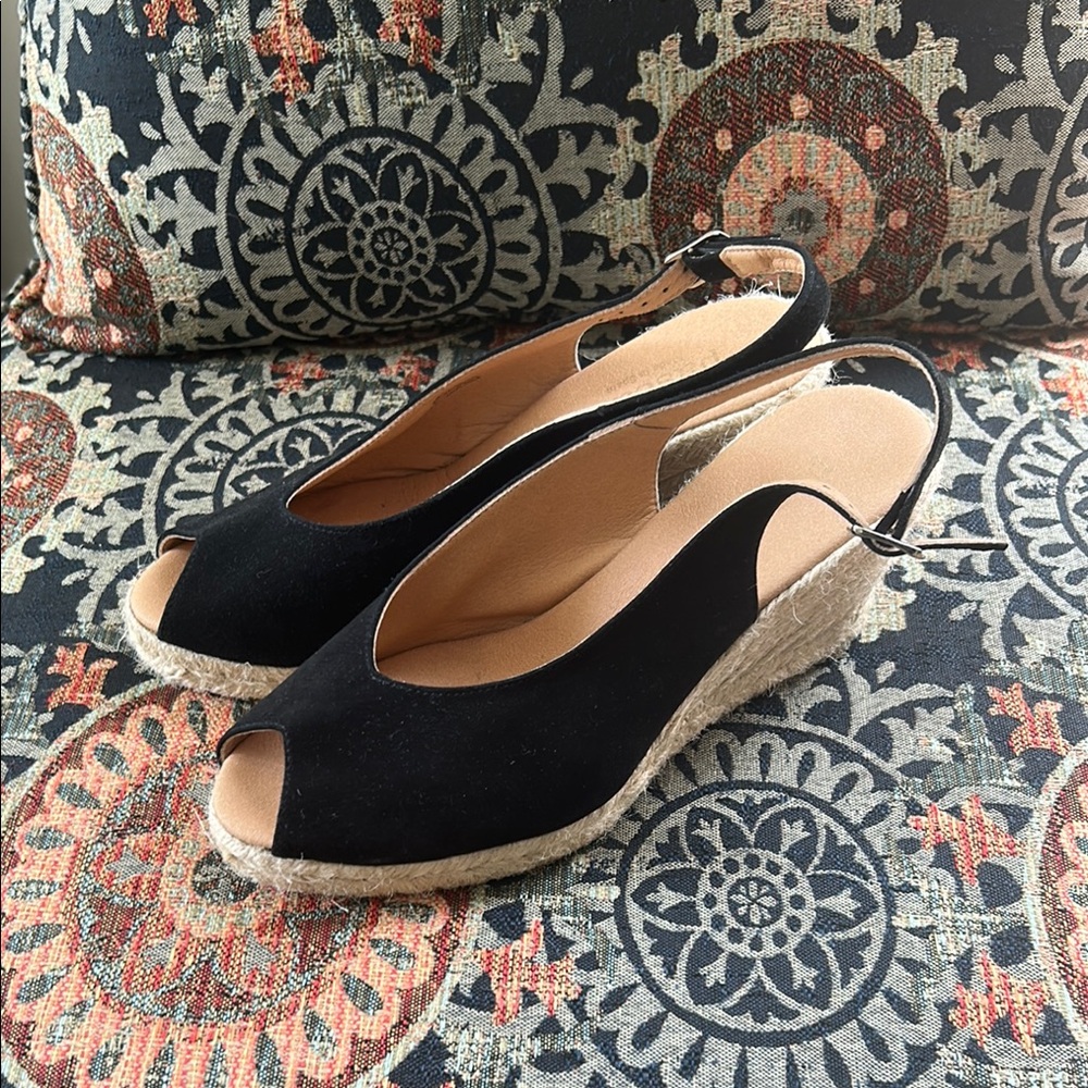 Black Espadrille Slingback Wedges with Peep-Toe